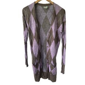 Plenty By Tracy Reese Brown Lavender Argyle Button Down Duster Long Cardigan S